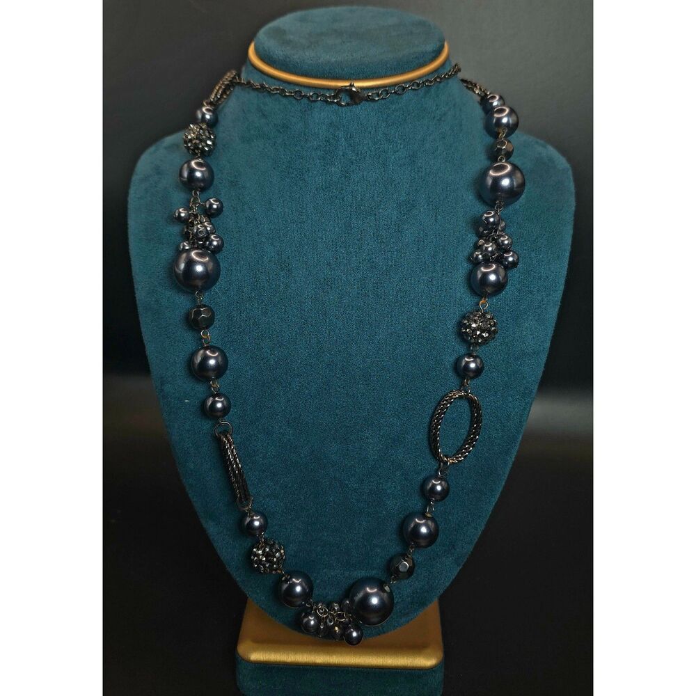 Long Gunmetal Faux Pearl & Textured Metal Station Necklace